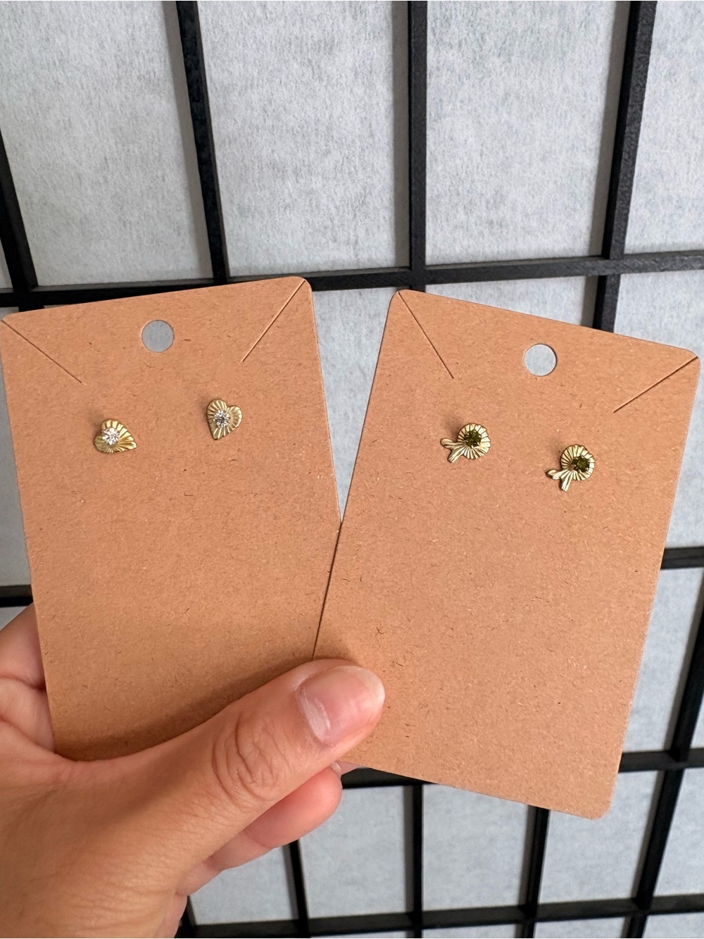 Set of 2 Gold Tone Stud Earrings: (1) Heart Shape; (2) Fish Shape